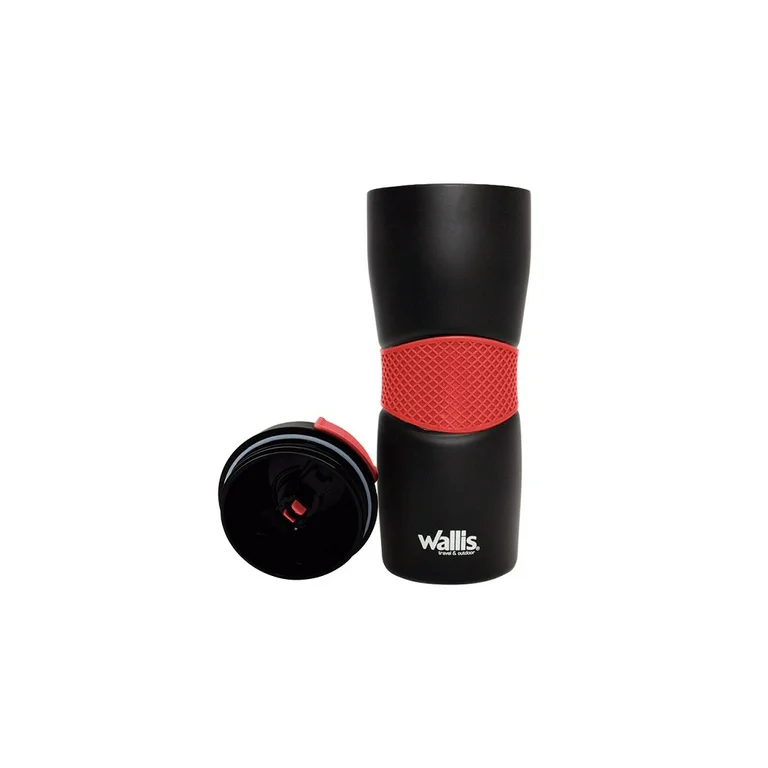 VASO TÉRMICO DE INOX, 470 ML, CON GOMA ANTIDESLIZANTE, TAPA PVC RÍGIDO, NEGRO CON ROJO - Imagen 3
