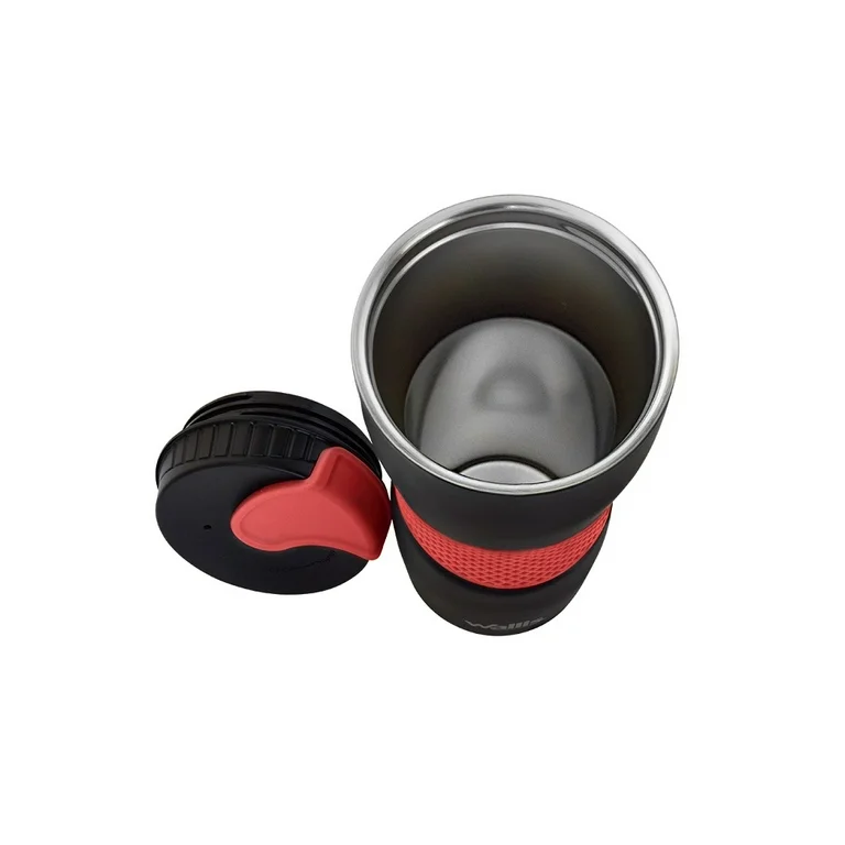 VASO TÉRMICO DE INOX, 470 ML, CON GOMA ANTIDESLIZANTE, TAPA PVC RÍGIDO, NEGRO CON ROJO - Imagen 2