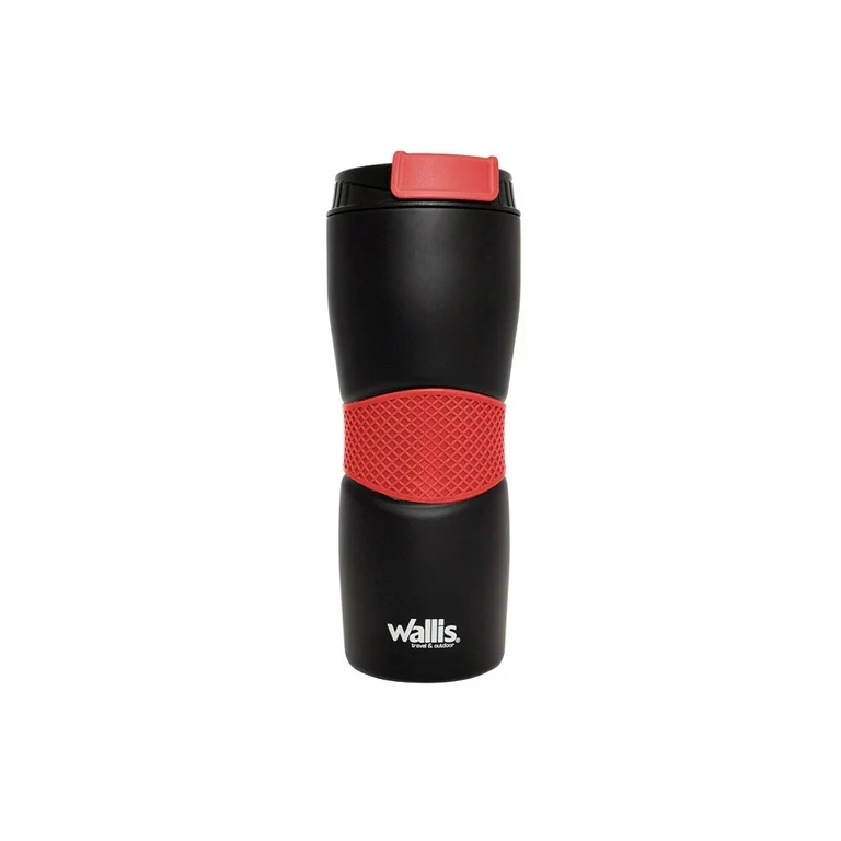 VASO TÉRMICO DE INOX, 470 ML, CON GOMA ANTIDESLIZANTE, TAPA PVC RÍGIDO, NEGRO CON ROJO