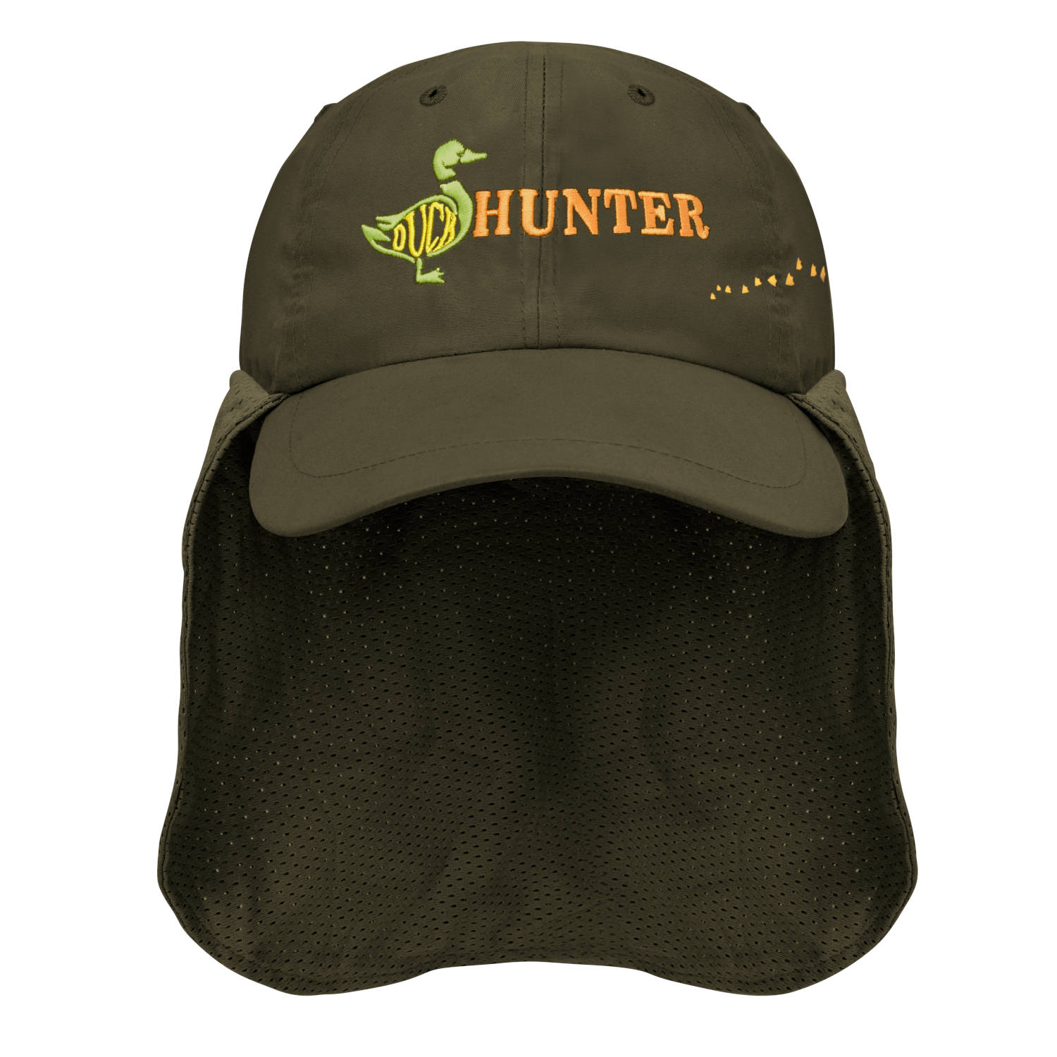 GORRA PESCADOR CON FALDÓN DE MALLA, DUCK HUNTER Y HUELLAS, OLIVE