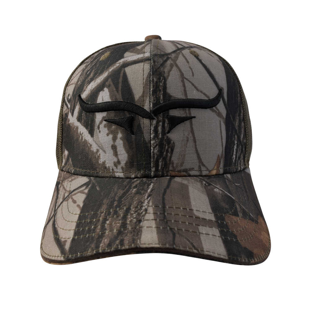 GORRA CON MALLA Y AJUSTADOR, DISEÑO DE "CUERNOS", CAFÉ CAMUFLAJE