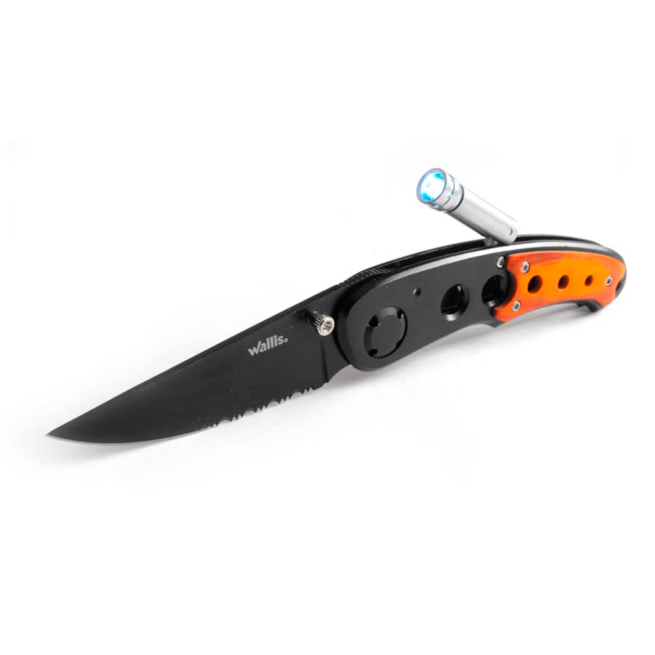 NAVAJA DE BLOQUEO CON LINTERNA LUZ LED, MANGO TIPO MADERA