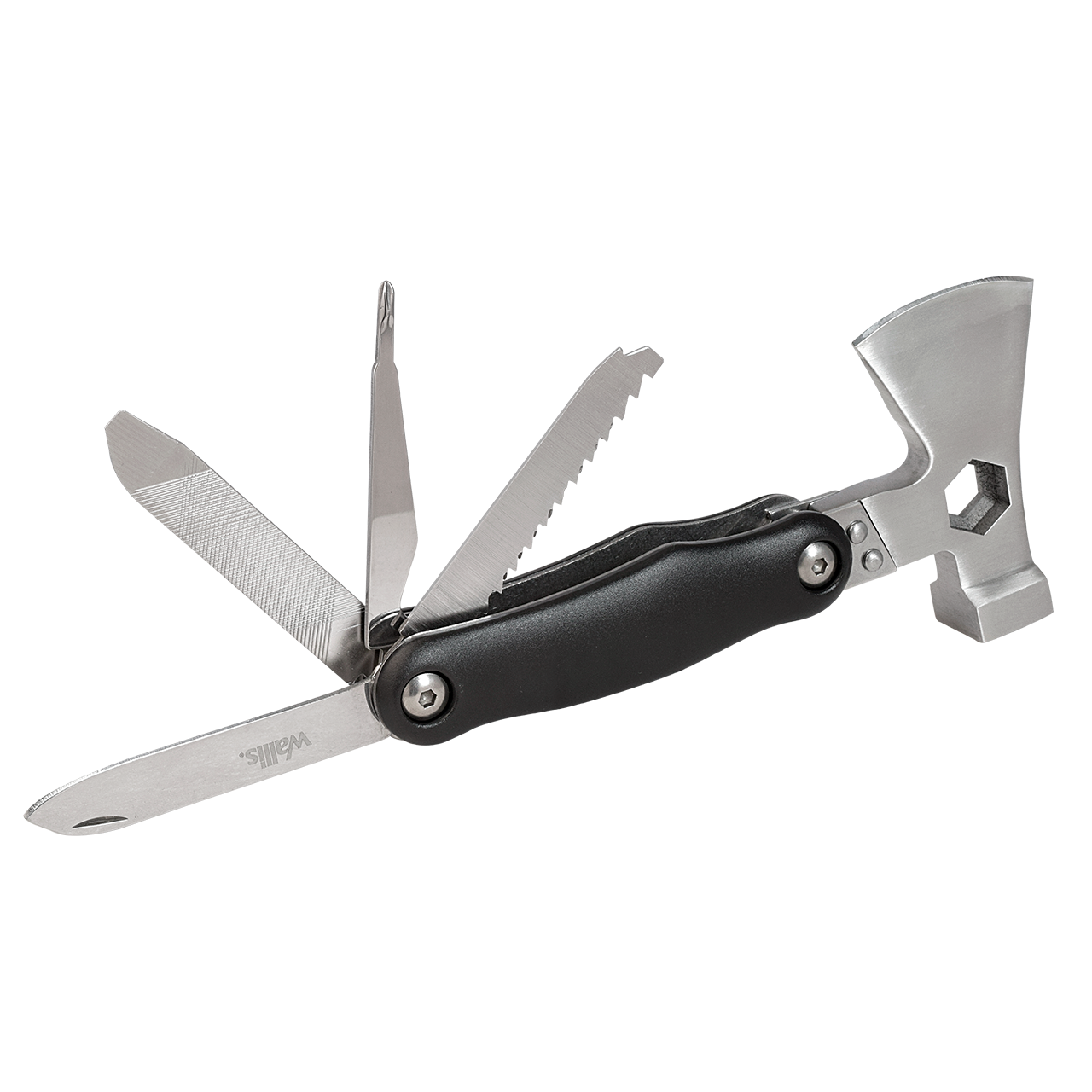 MULTIHERRAMIENTA CON MINI HACHA DE 11 USOS, 16.5 CM CERRADA, MANGO ALUMINIO NEGRO