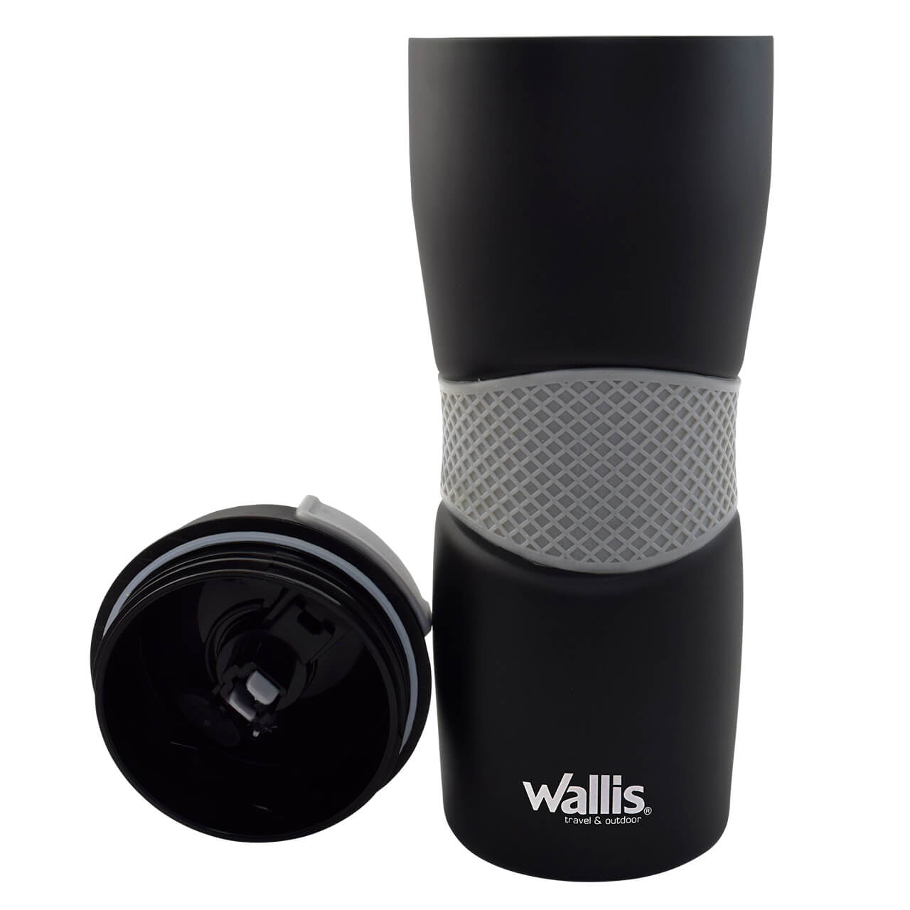 VASO TÉRMICO DE INOX, 470 ML, CON GOMA ANTIDESLIZANTE, TAPA PVC RÍGIDO, NEGRO CON GRIS - Imagen 2