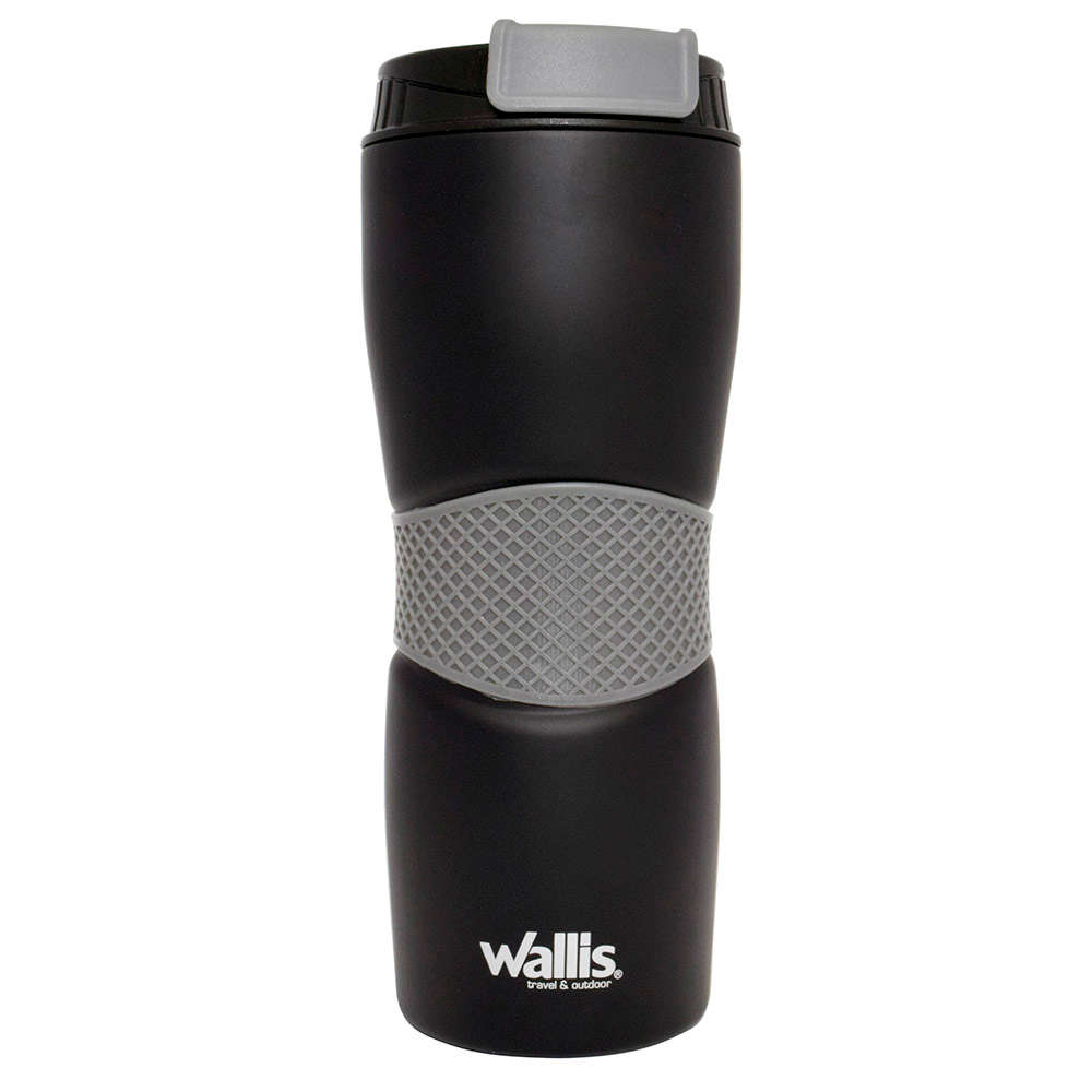 VASO TÉRMICO DE INOX, 470 ML, CON GOMA ANTIDESLIZANTE, TAPA PVC RÍGIDO, NEGRO CON GRIS